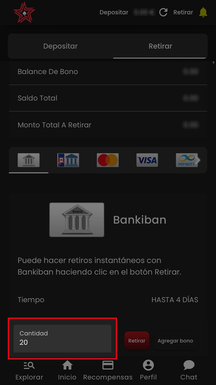 Introduzca el importe que desea retirar de Casinostars.