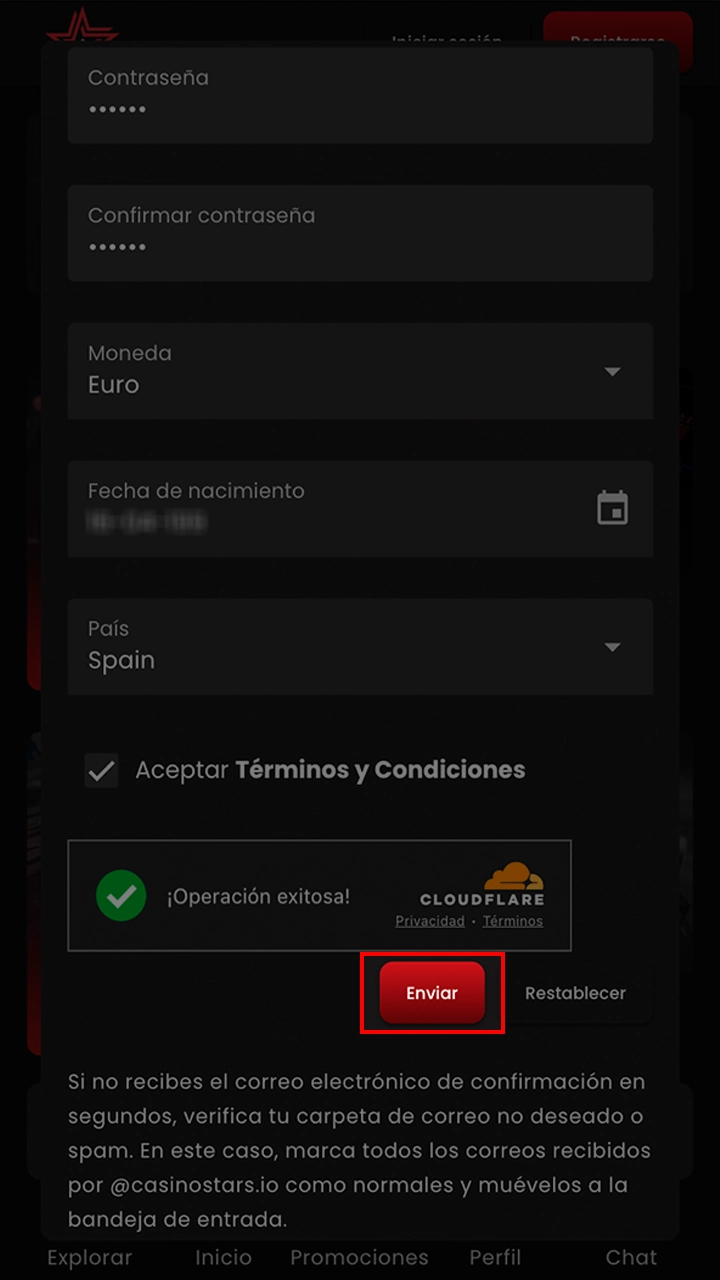 Complete el registro de su cuenta Casinostars haciendo clic en el botón.