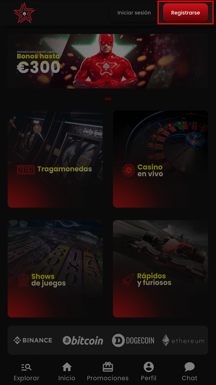 Haga clic en el botón para iniciar el registro en Casinostars.