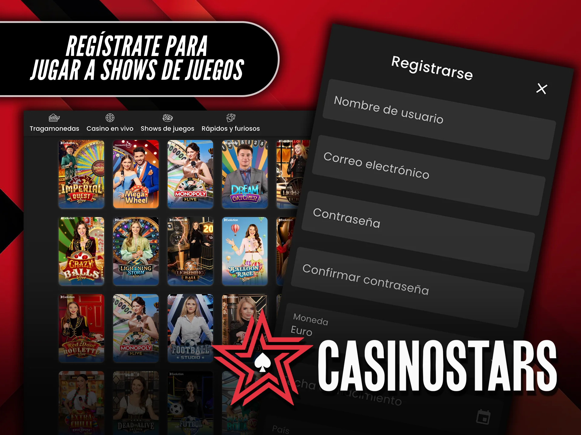 Regístrate en Casinostars y empieza a jugar a shows de juegos en vivo.