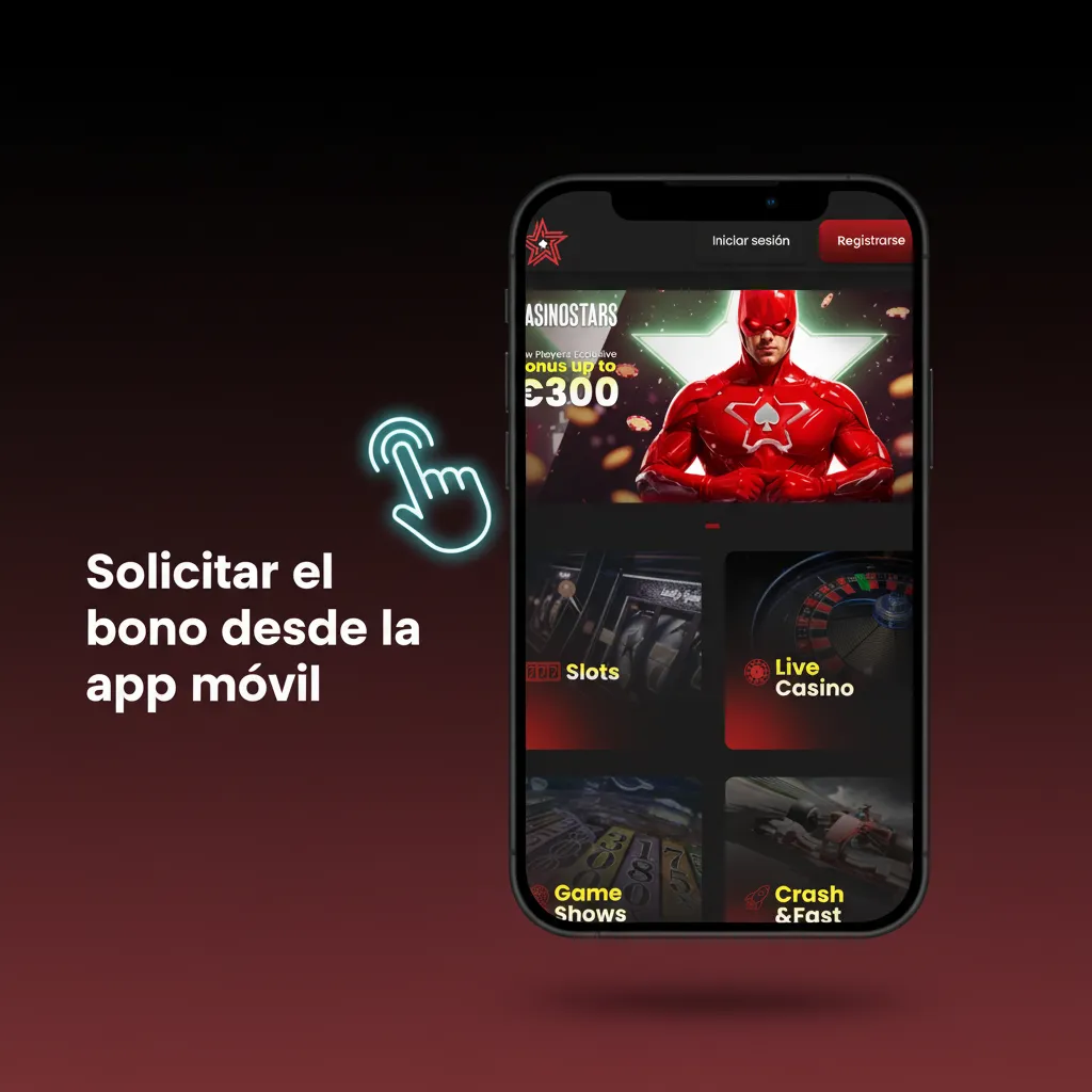Pantalla de la app Casinostars en móvil mostrando la sección Promociones para solicitar el bono de bienvenida.