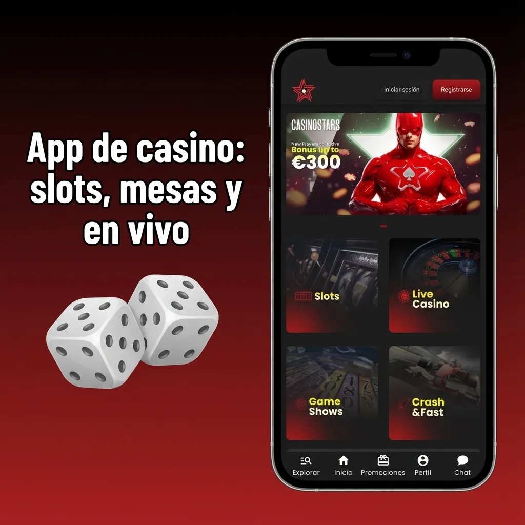 Inicio de app de casino con eventos populares, cambio a deportes, slots, ruleta, blackjack, bacará y en vivo con crupieres.