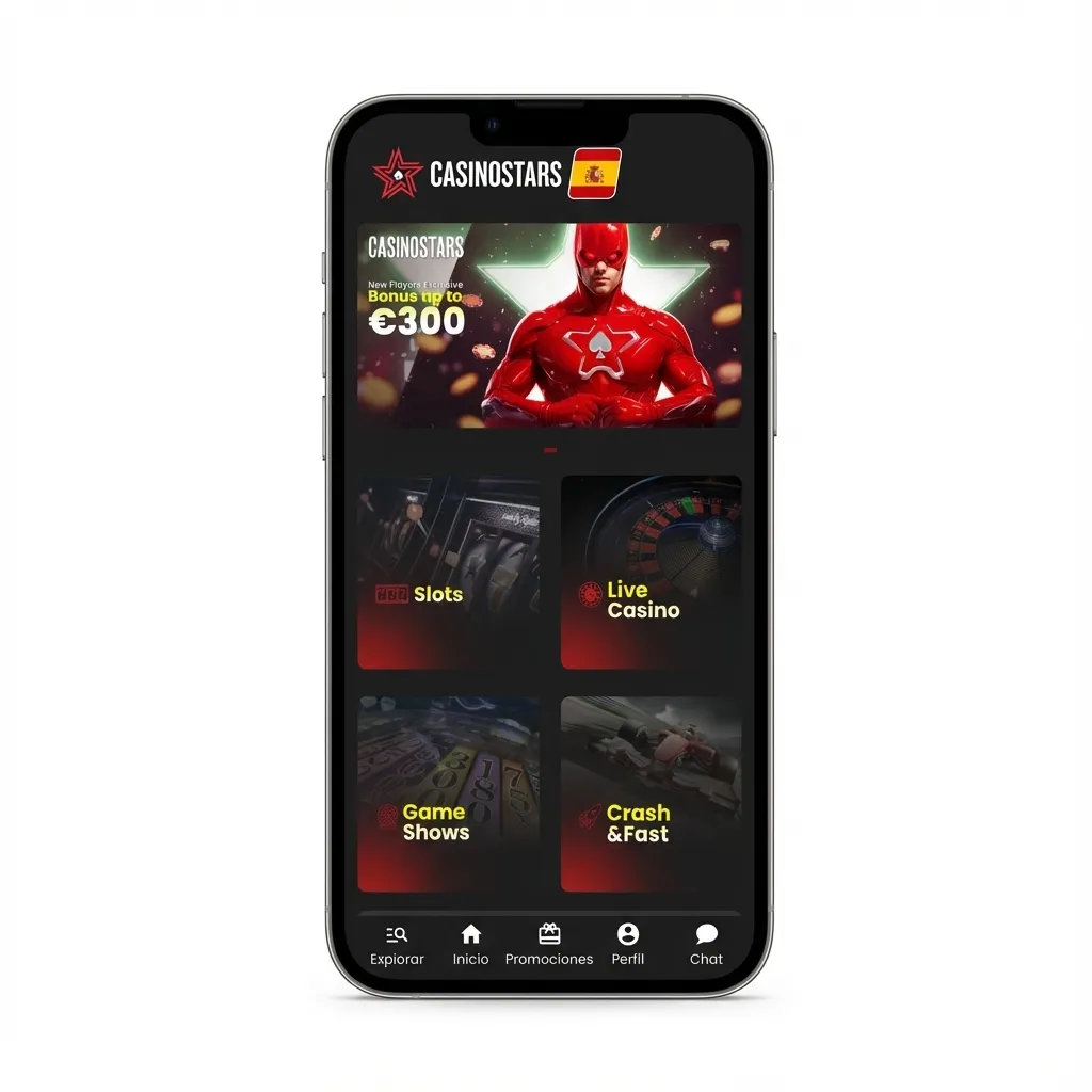 Banner de Casinostars: app Android y iOS en España; pagos con tarjetas y cripto, bono 100% hasta 300€, multilenguaje
